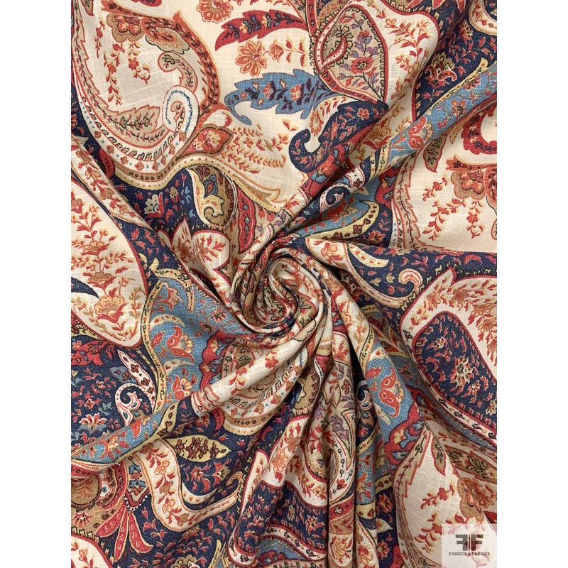 Paisley Printed Cotton-Linen Blend – Navy / Vintage Blue / Deep Coral / Orange / Light Beige Fabric by the Yard