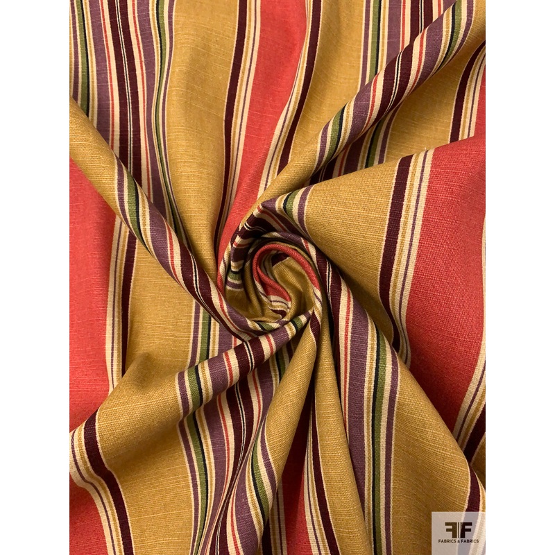 Vertical Striped Printed Linen-Weave Cotton – Yellow Ochre / Wine / Dusty Purple / Deep Vintage Coral Fabric by the Yard
